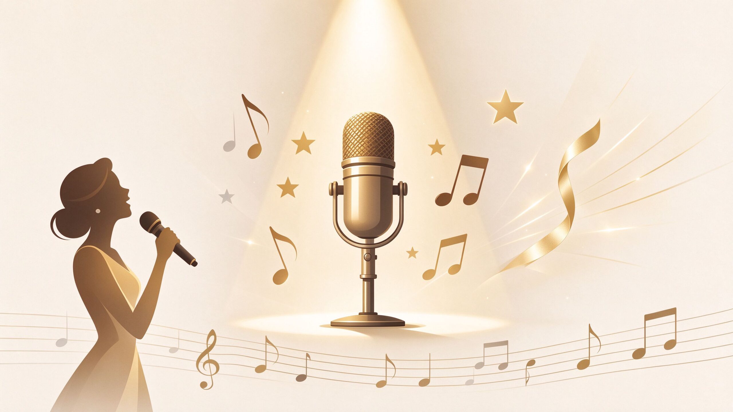 Microphone in golden spotlight with singer silhouette and music notes, warm flat illustration