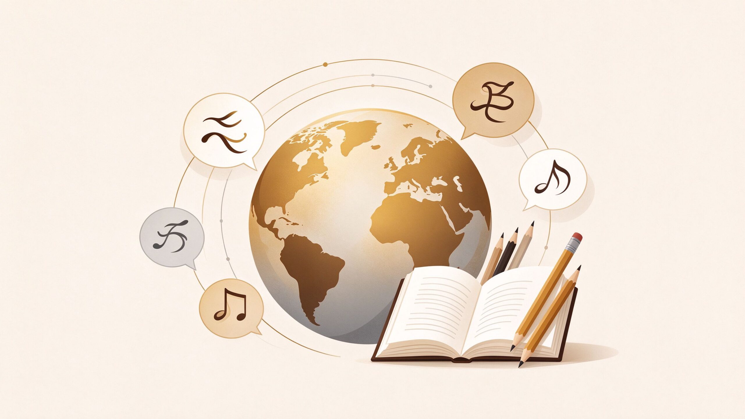 Globe surrounded by speech bubbles and open books, warm flat illustration