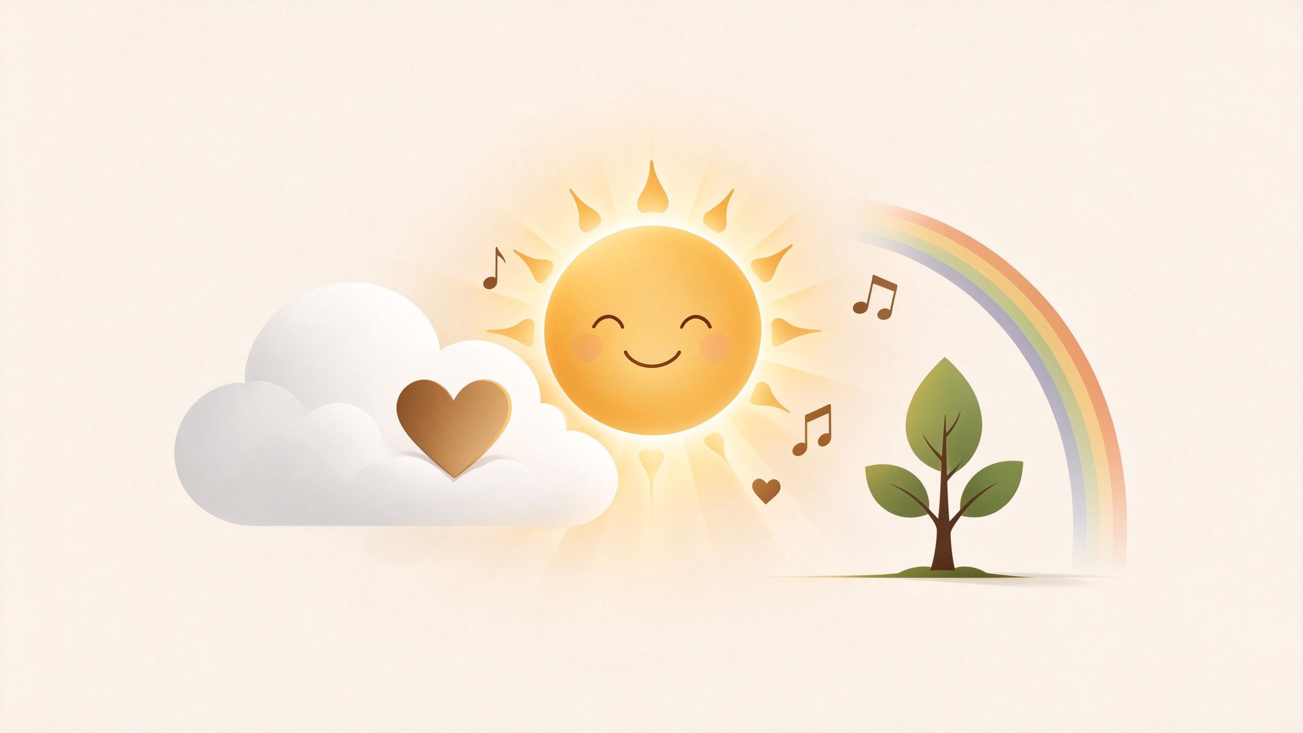 Smiling sun, cloud with heart, rainbow and seedling, warm flat illustration
