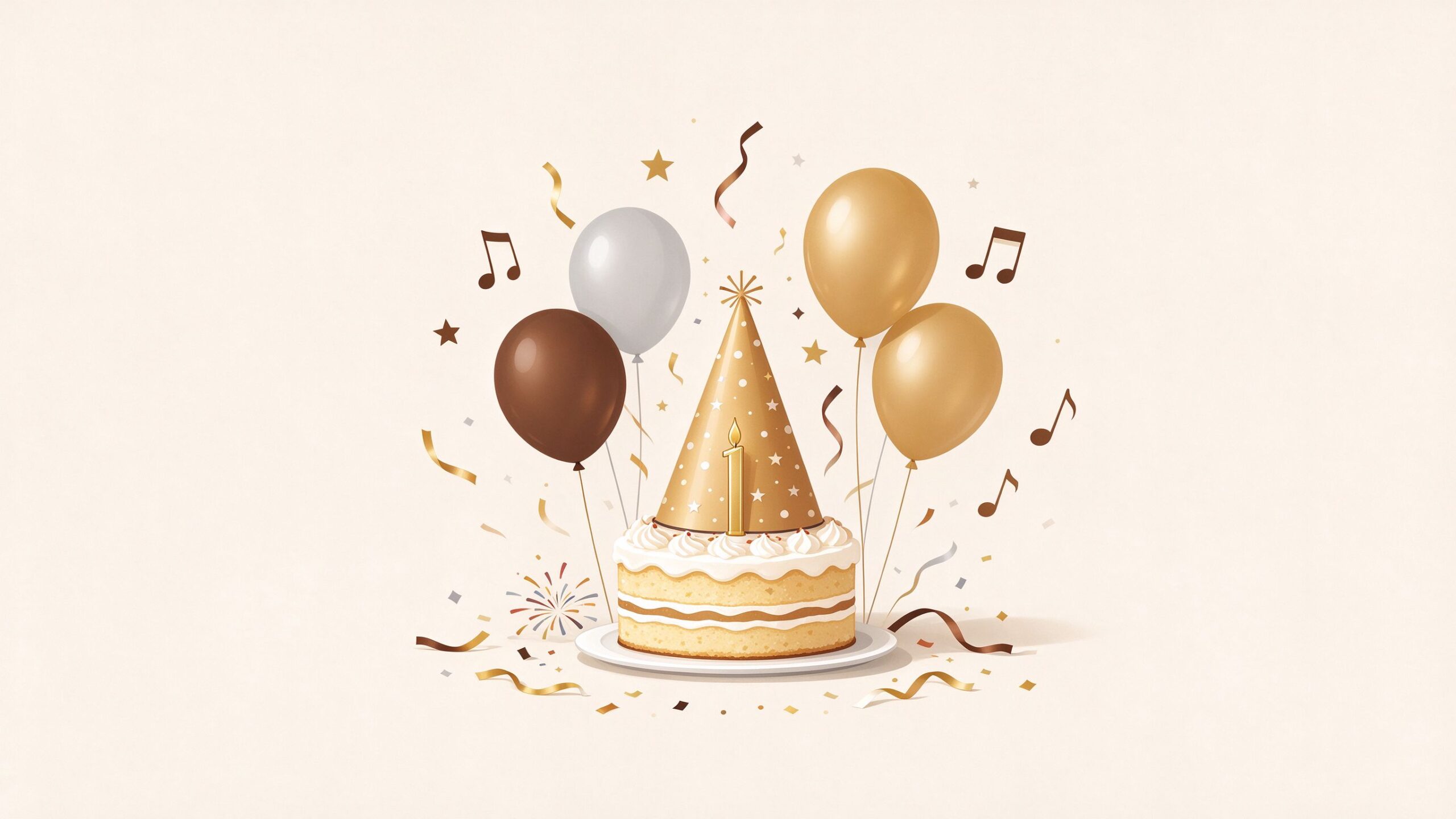 Birthday cake with balloons, confetti and music notes, warm flat illustration