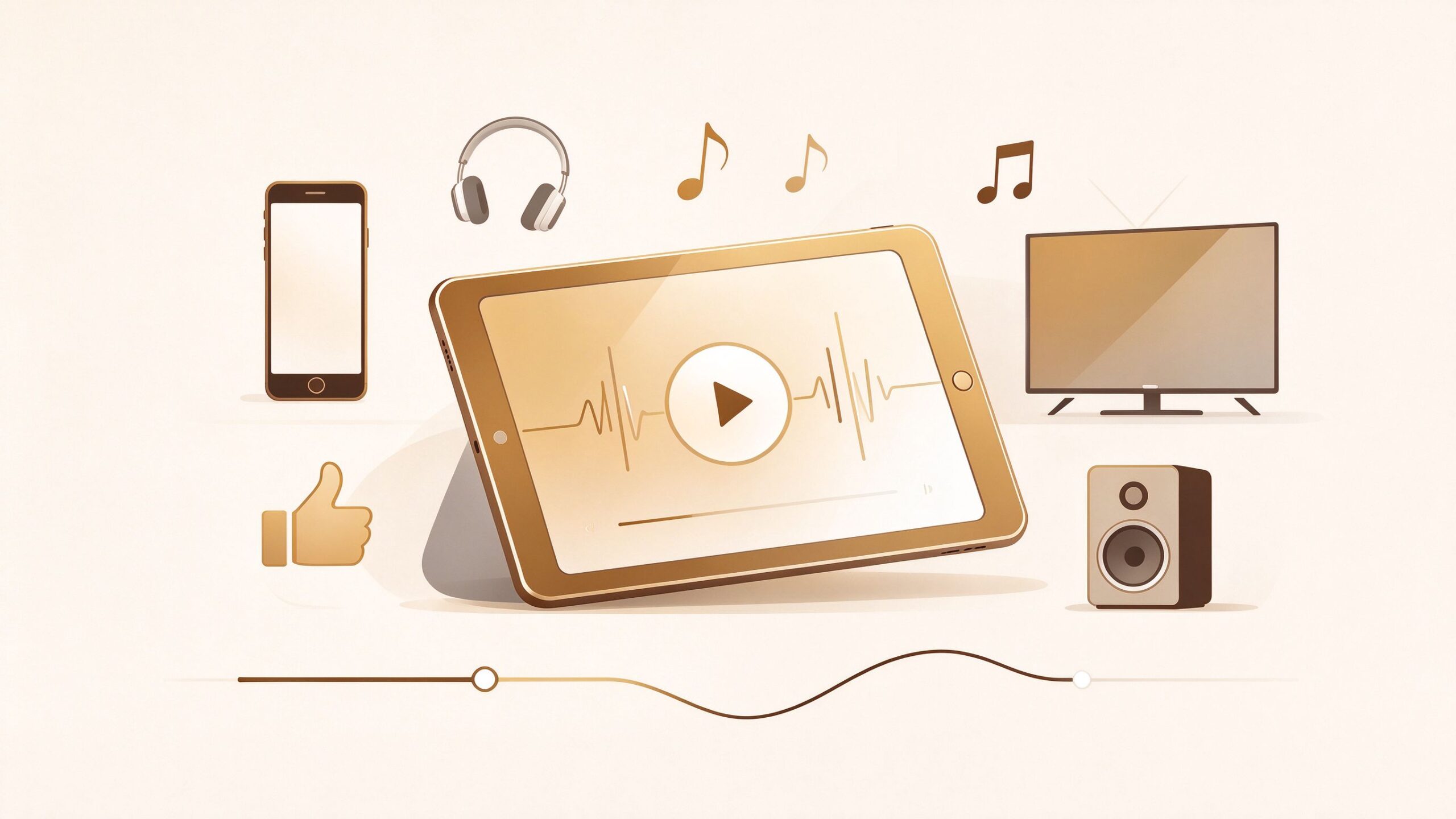 Tablet with play button surrounded by phone, headphones, TV and speaker, warm flat illustration
