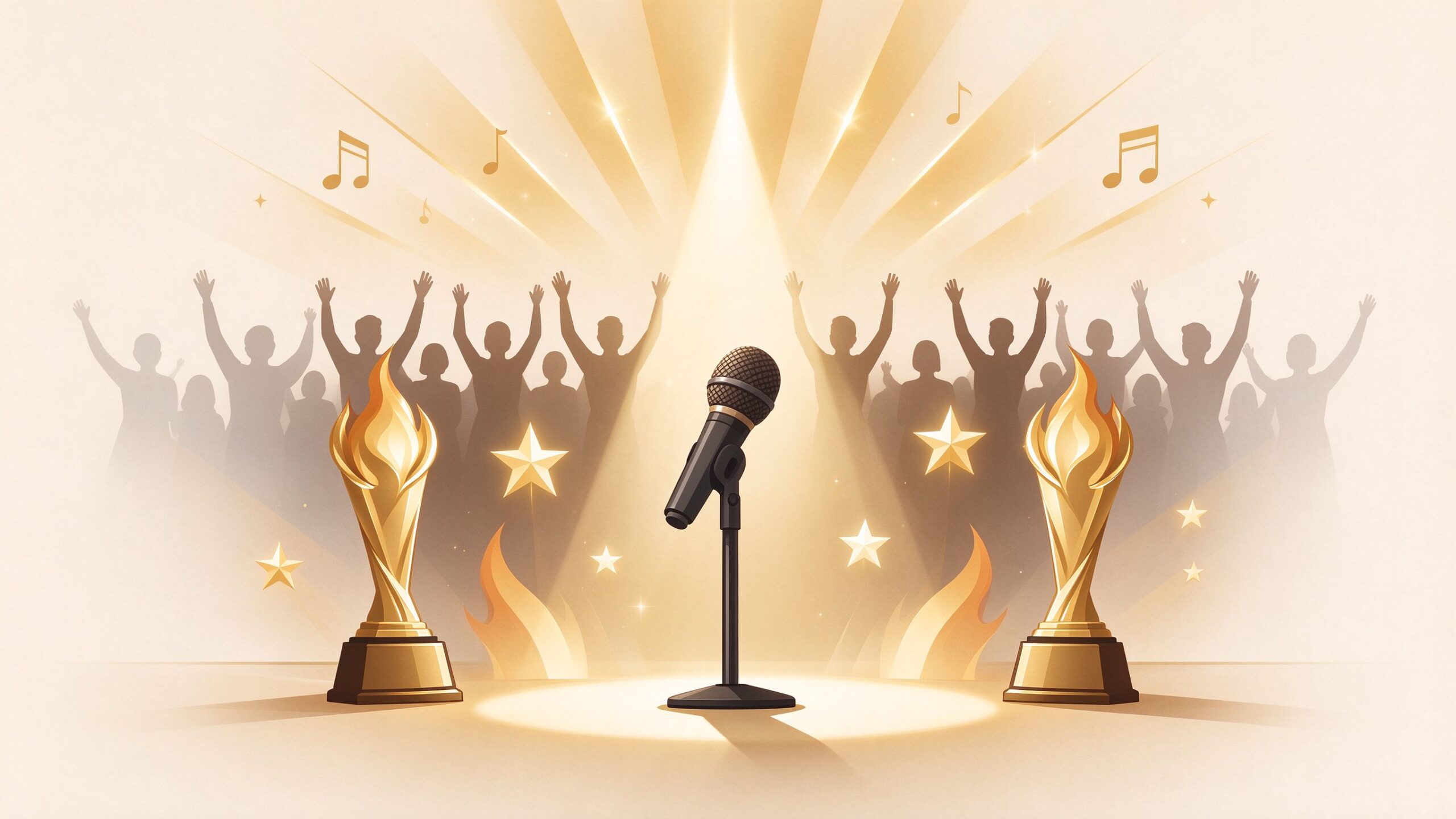 Stage spotlight with microphone and celebrating crowd, warm flat illustration