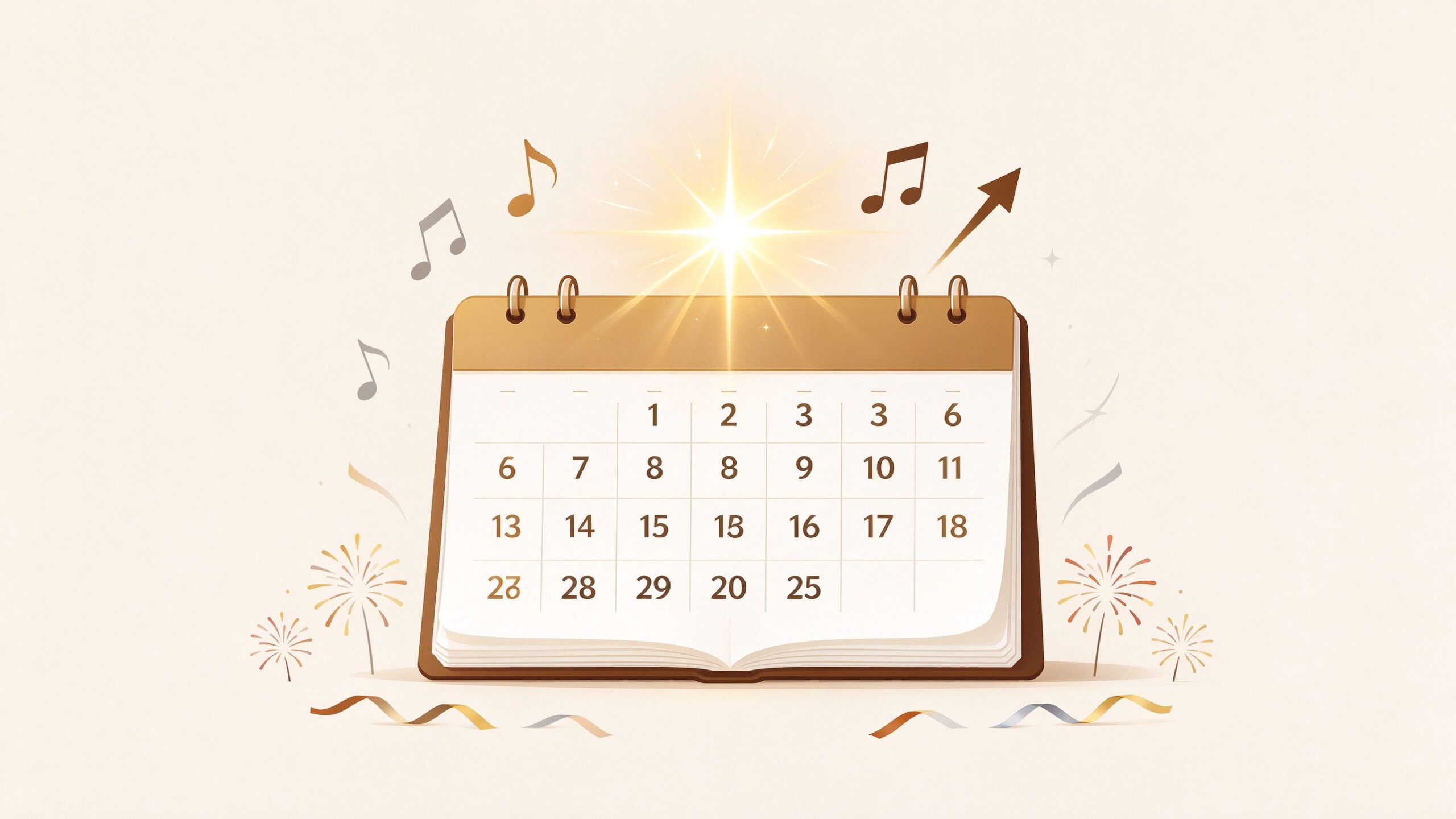 Open calendar with a rising new star and celebration confetti, warm flat illustration