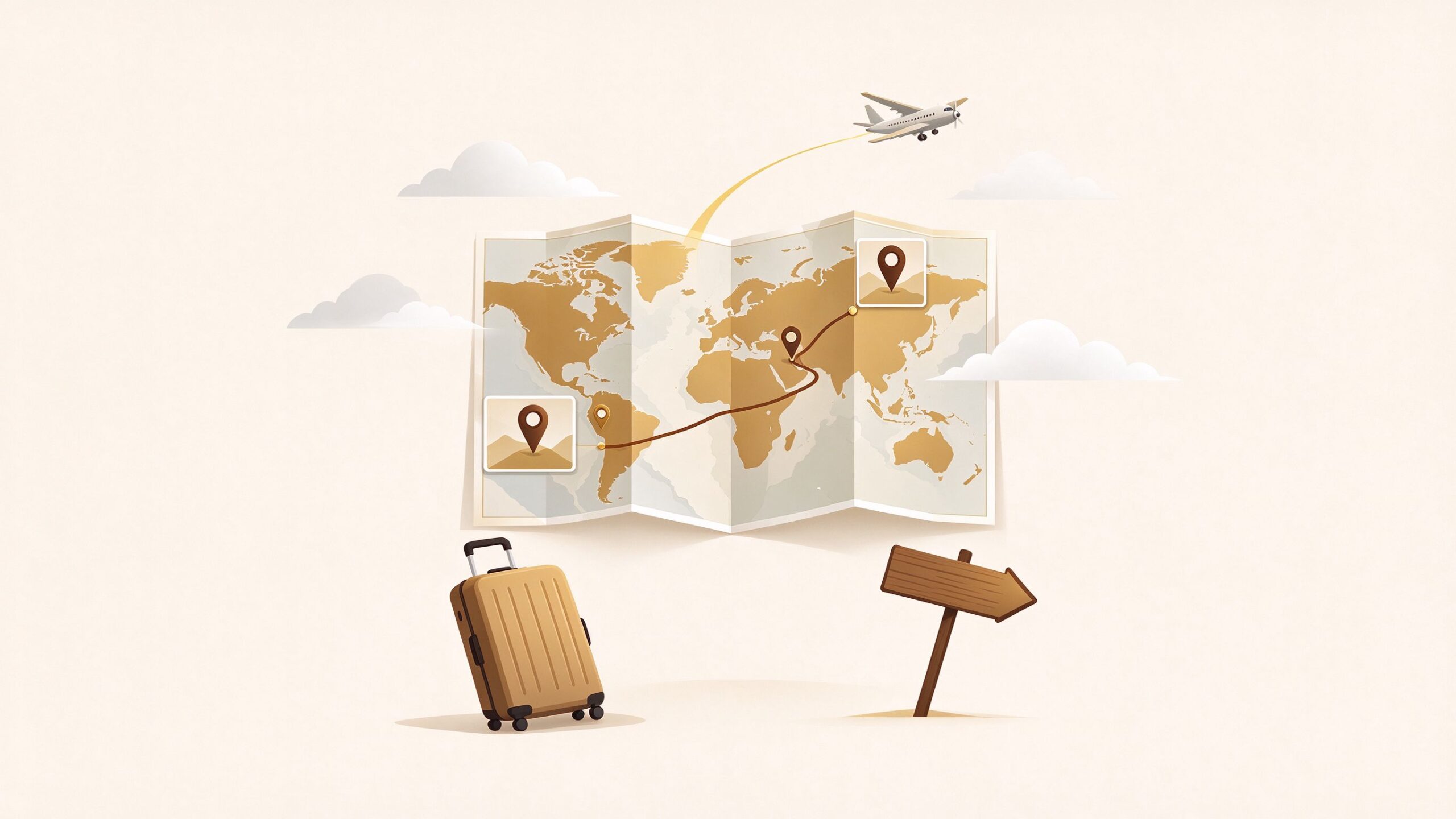 Folded map with route pins, plane, suitcase and signpost, warm flat illustration