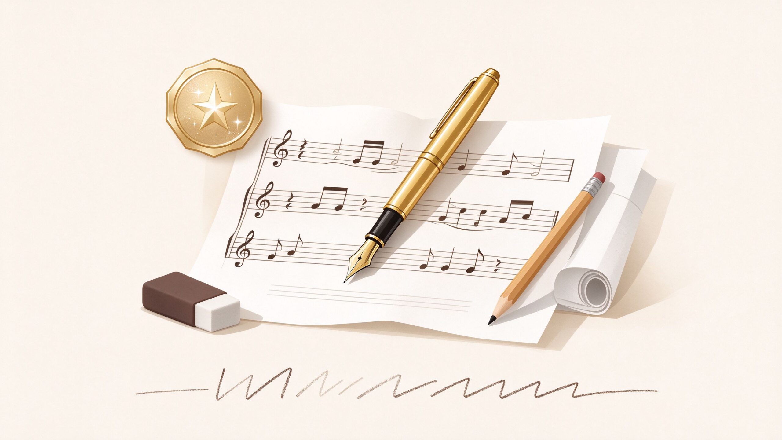 Golden pen on sheet music with pencil, eraser and badge, warm flat illustration